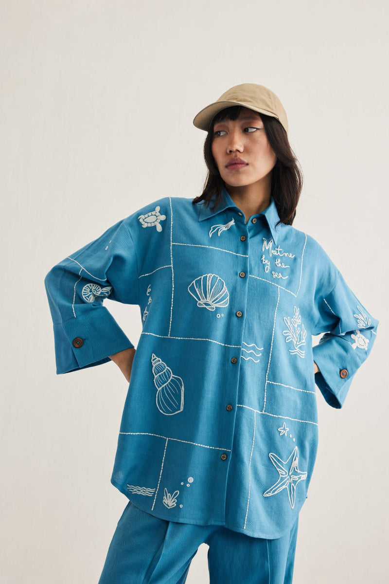 Meet Me By The Sea Handwoven Twill Shirt twill by SUI in blue color for women Worldwide