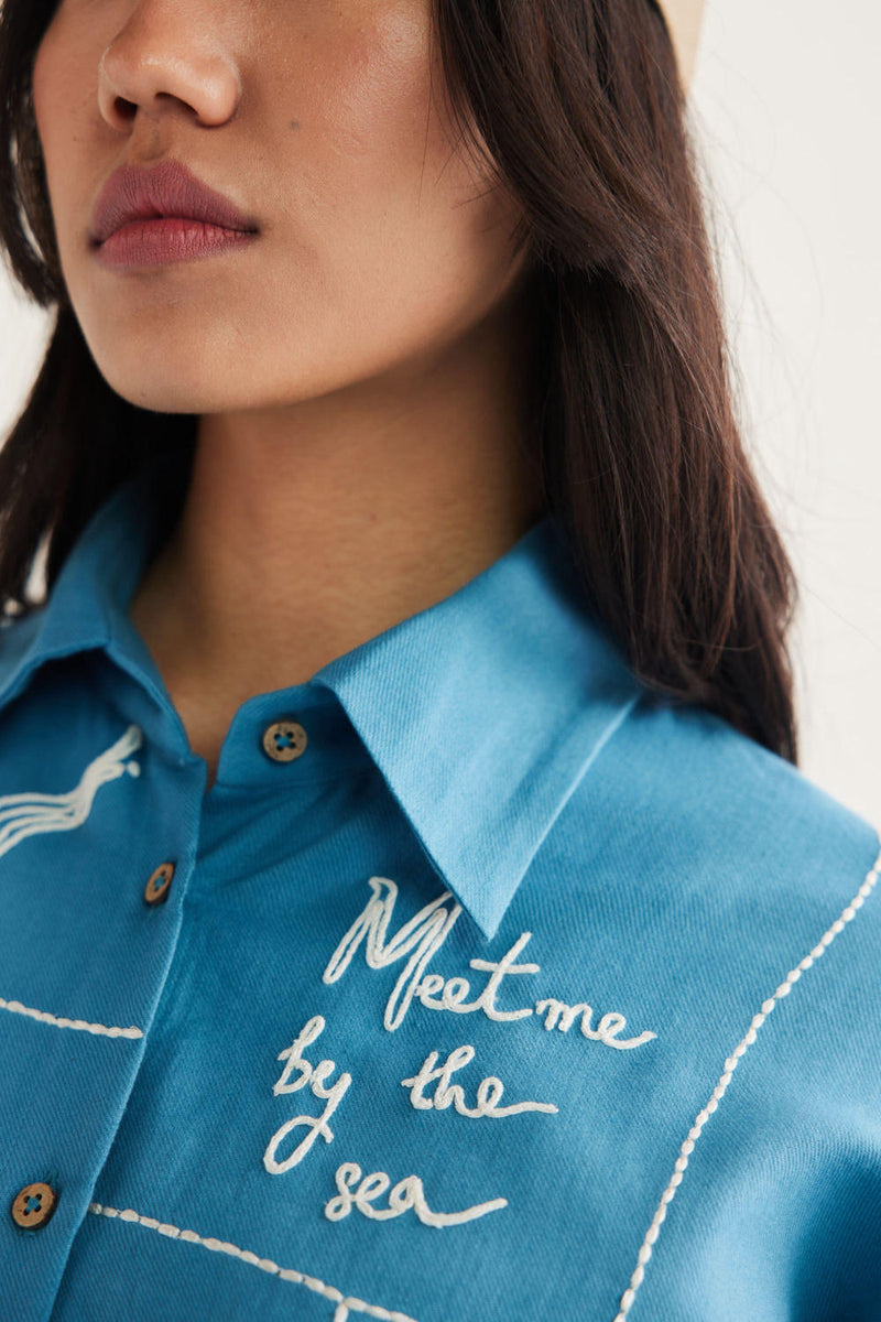 Meet Me By The Sea Handwoven Twill Shirt twill by SUI in blue color for women Worldwide