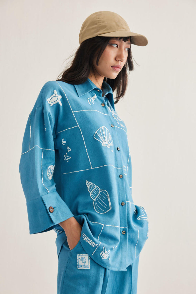 Meet Me By The Sea Handwoven Twill Shirt twill by SUI in blue color for women Worldwide