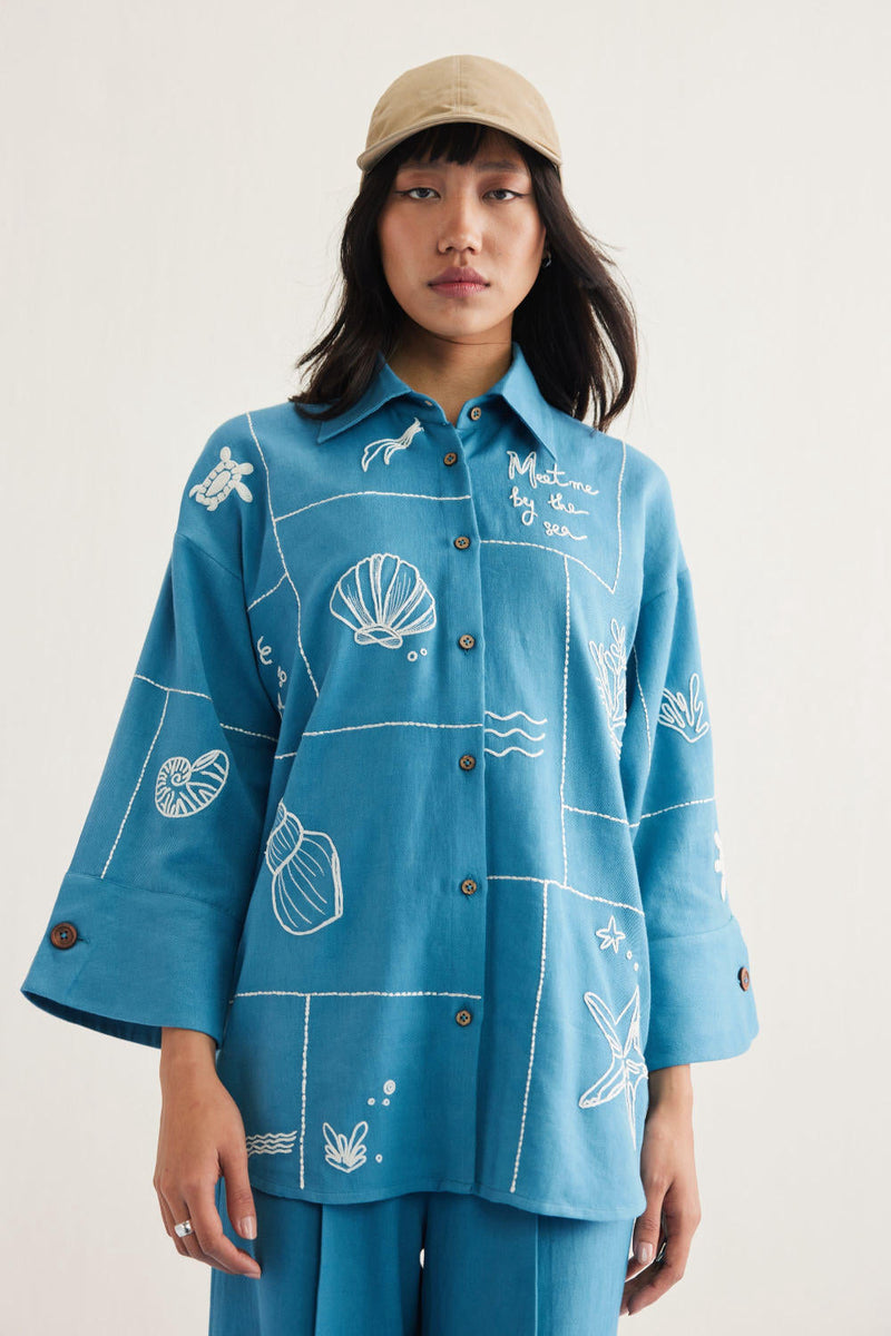Meet Me By The Sea Handwoven Twill Shirt twill by SUI in blue color for women Worldwide
