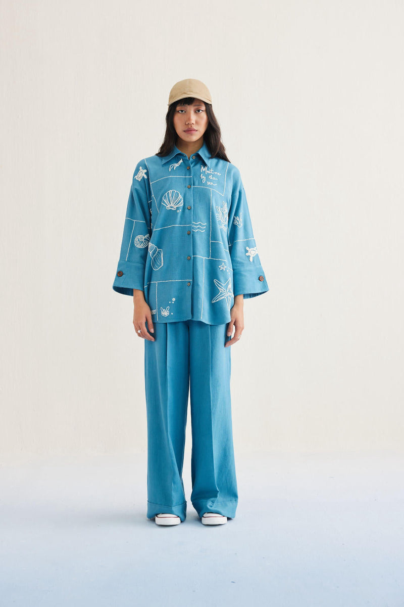 Meet Me By The Sea Handwoven Twill Shirt twill by SUI in blue color for women Worldwide