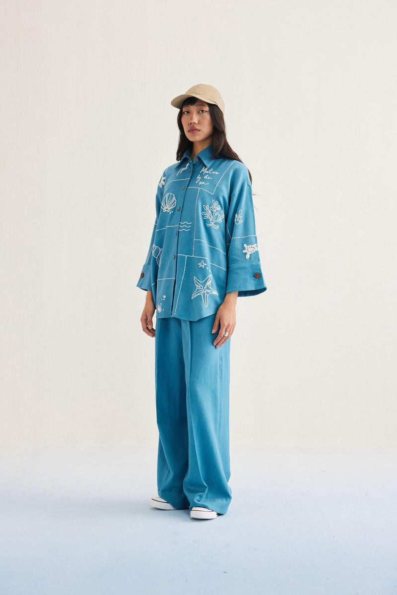 Meet Me By The Sea Handwoven Twill Shirt twill by SUI in blue color for women Worldwide