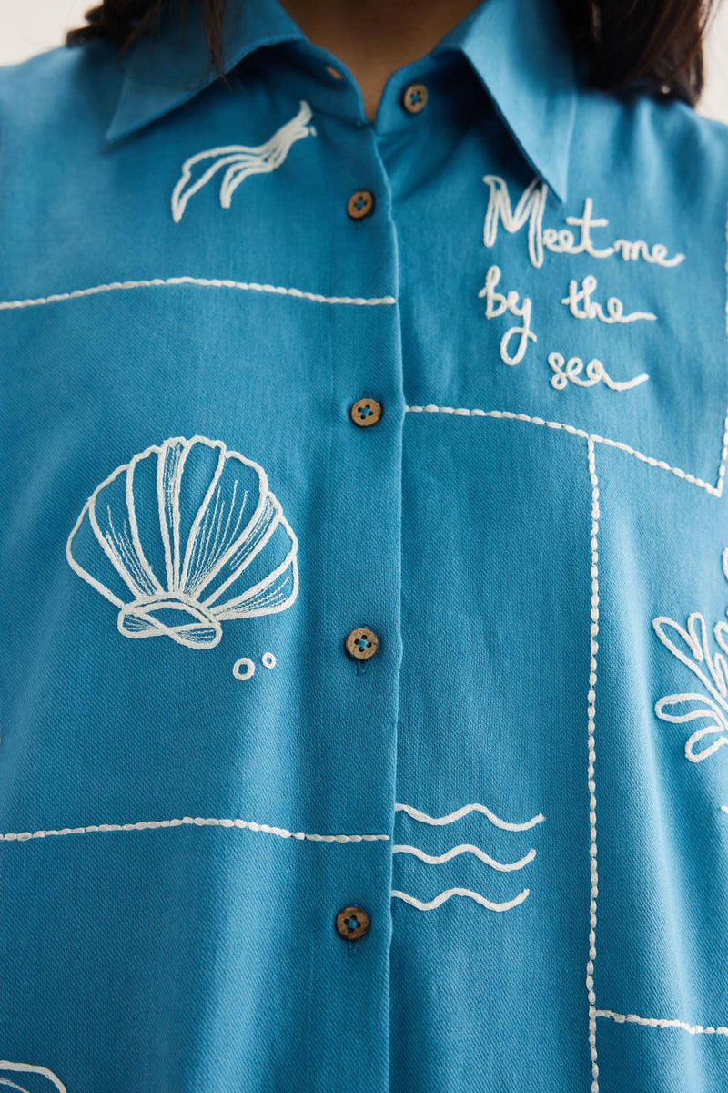 Meet Me By The Sea Handwoven Twill Shirt twill by SUI in blue color for women Worldwide