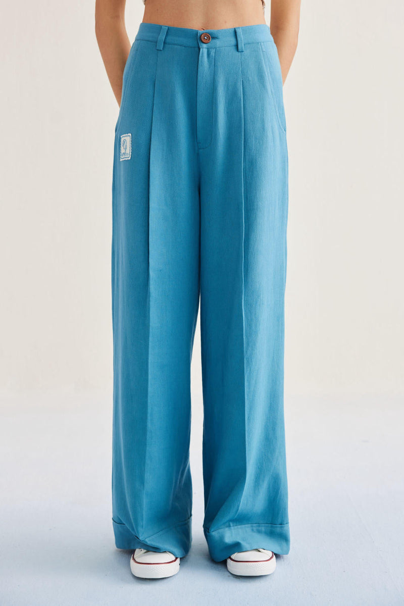 Meet Me By The Sea Handwoven Twill Trousers twill by SUI in blue color for women Worldwide