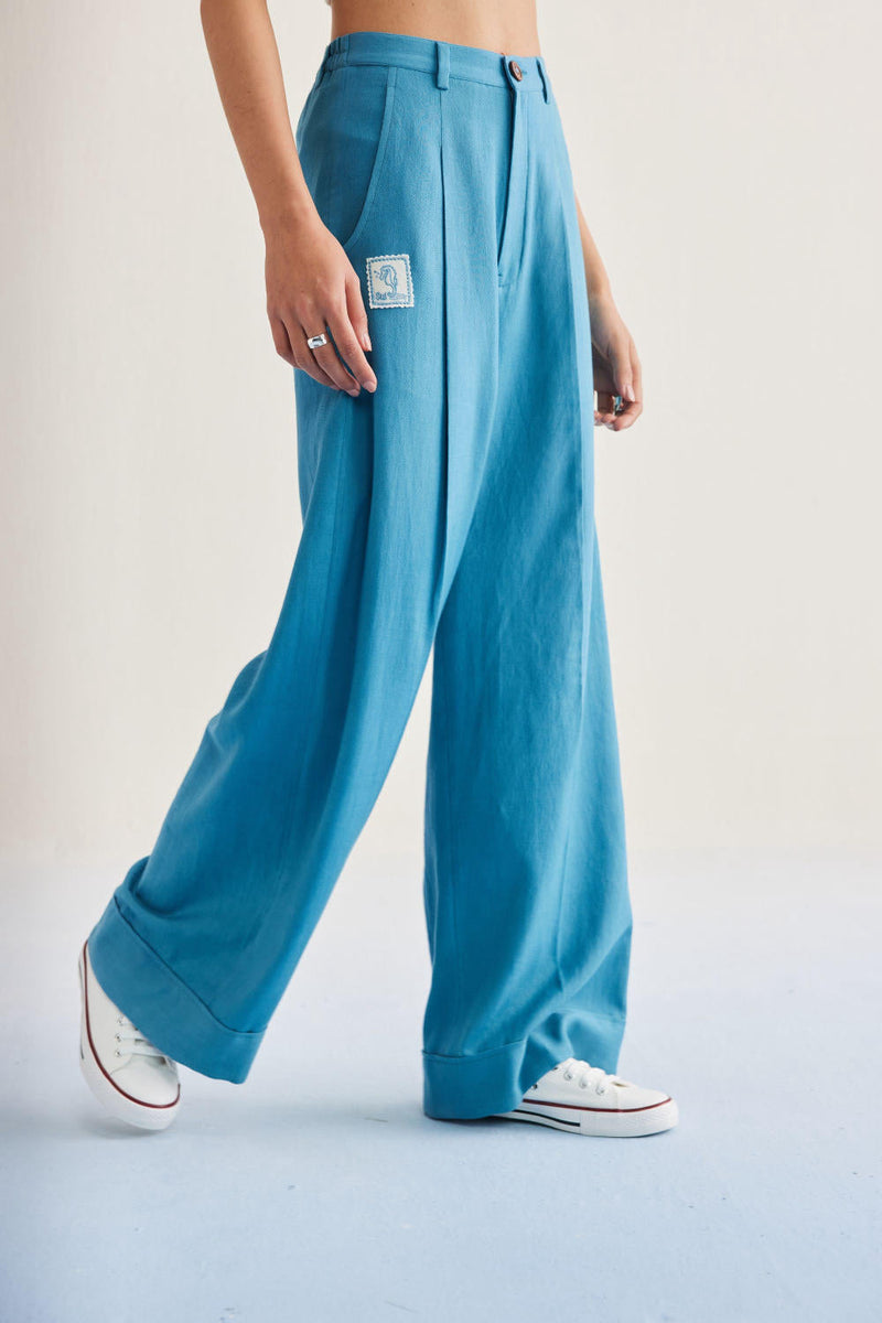 Meet Me By The Sea Handwoven Twill Trousers twill by SUI in blue color for women Worldwide