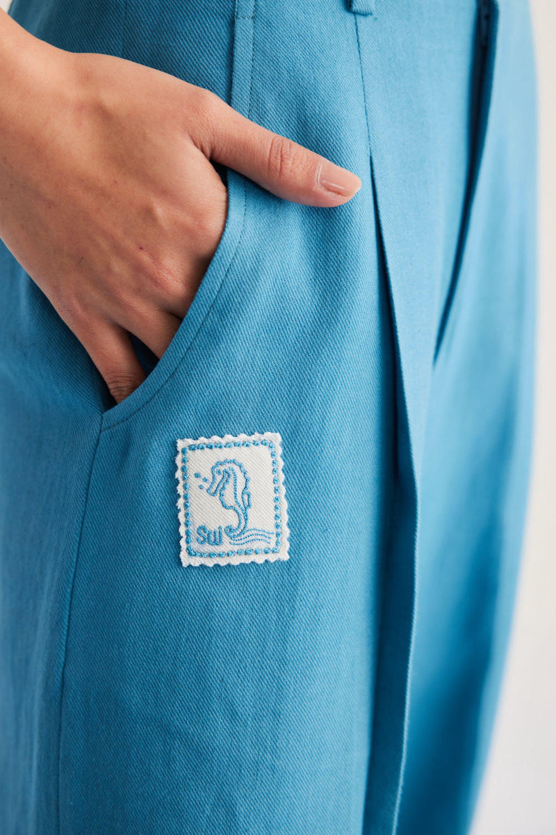Meet Me By The Sea Handwoven Twill Trousers twill by SUI in blue color for women Worldwide