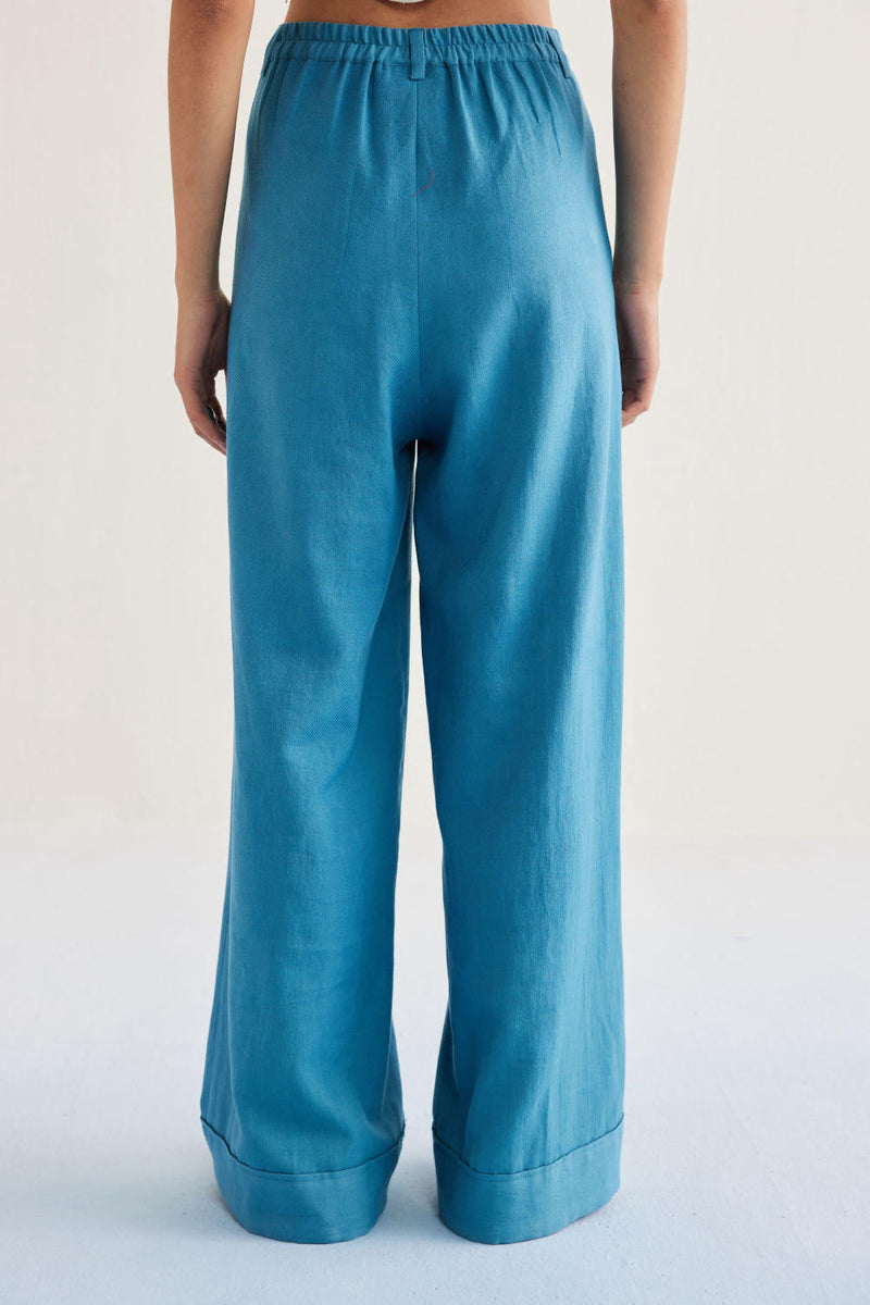 Meet Me By The Sea Handwoven Twill Trousers twill by SUI in blue color for women Worldwide
