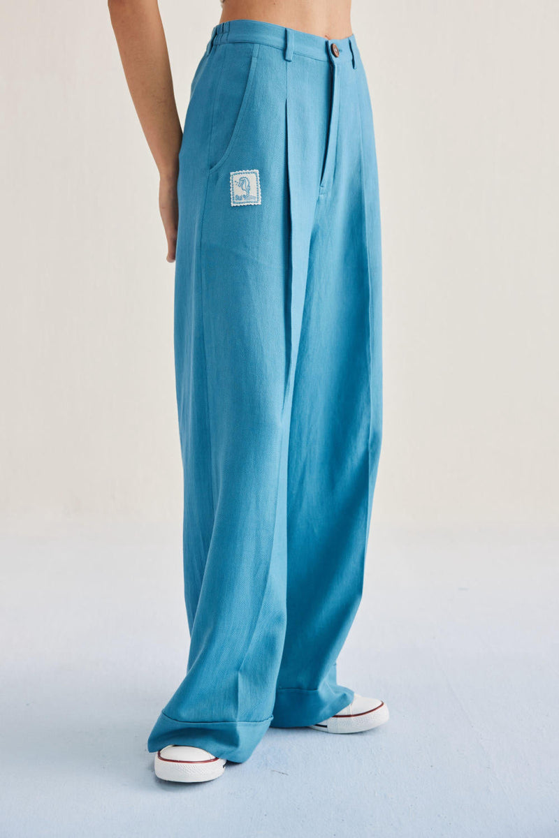 Meet Me By The Sea Handwoven Twill Trousers twill by SUI in blue color for women Worldwide