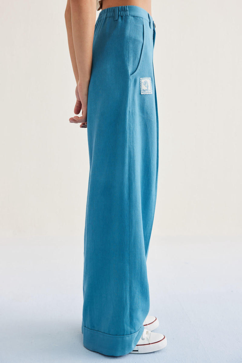 Meet Me By The Sea Handwoven Twill Trousers twill by SUI in blue color for women Worldwide