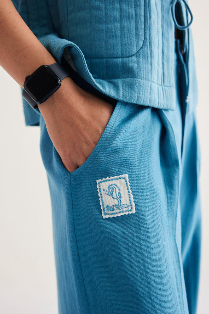 Meet Me By The Sea Handwoven Twill Trousers twill by SUI in blue color for women Worldwide