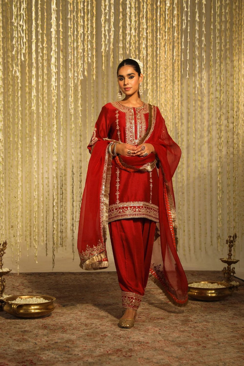 Mehak Short kurta with salwar and dupatta-Deep Red silk by SHEETAL BATRA in red color for women Worldwide