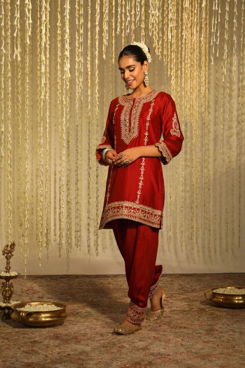 Mehak Short kurta with salwar and dupatta-Deep Red silk by SHEETAL BATRA in red color for women Worldwide