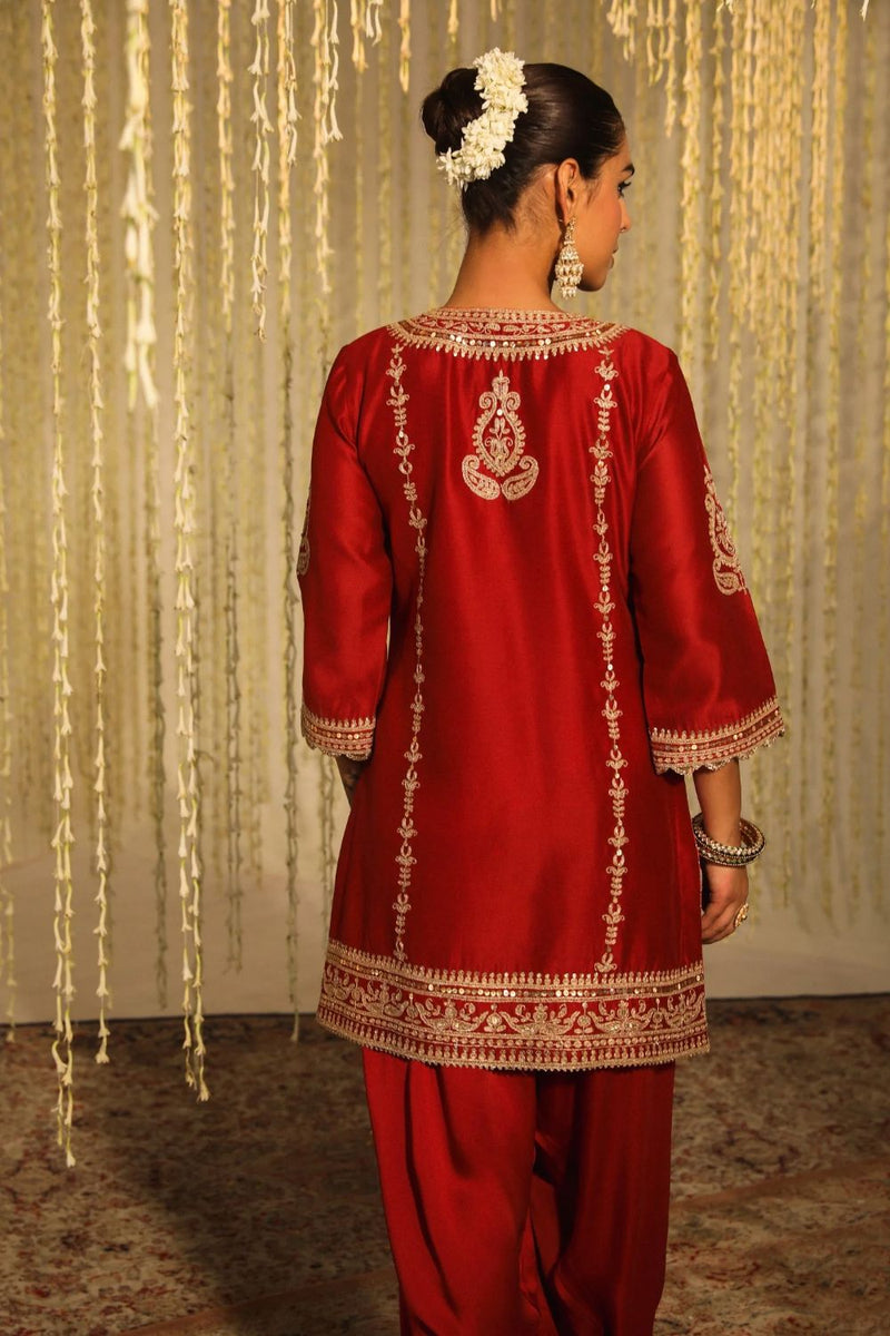 Mehak Short kurta with salwar and dupatta-Deep Red silk by SHEETAL BATRA in red color for women Worldwide