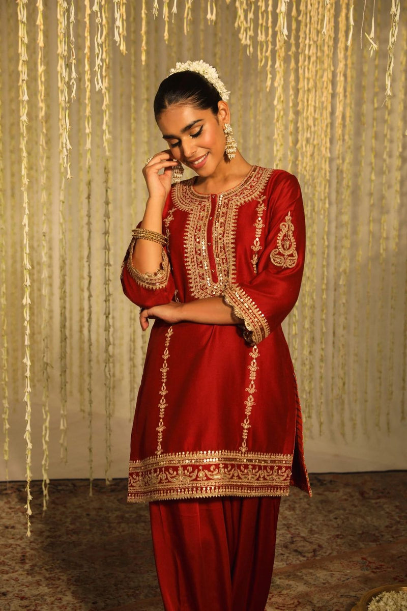 Mehak Short kurta with salwar and dupatta-Deep Red silk by SHEETAL BATRA in red color for women Worldwide