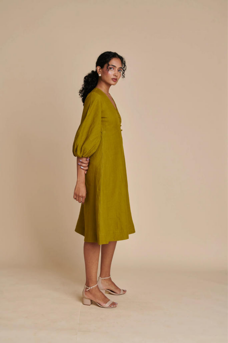 Mehendi Linen Billow Dress linen by Saphed in green color for women Worldwide