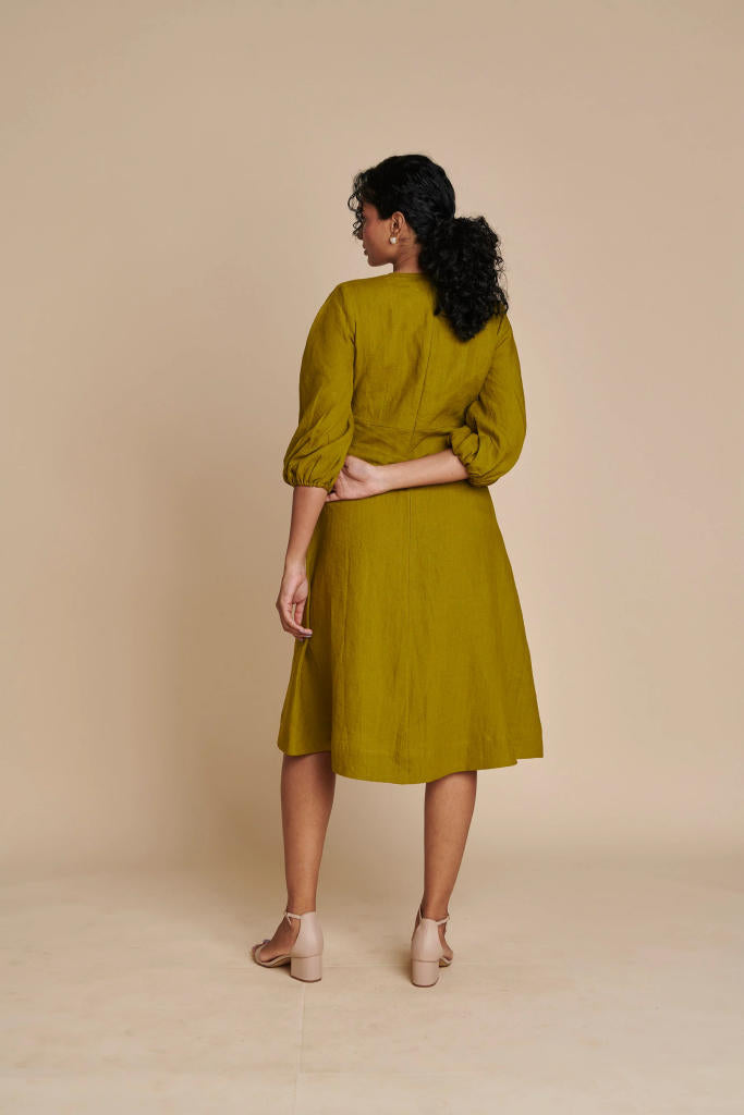 Mehendi Linen Billow Dress linen by Saphed in green color for women Worldwide