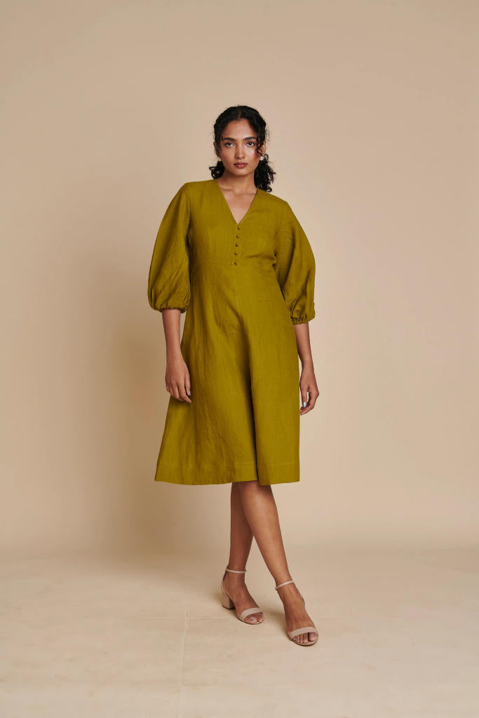 Mehendi Linen Billow Dress linen by Saphed in green color for women Worldwide