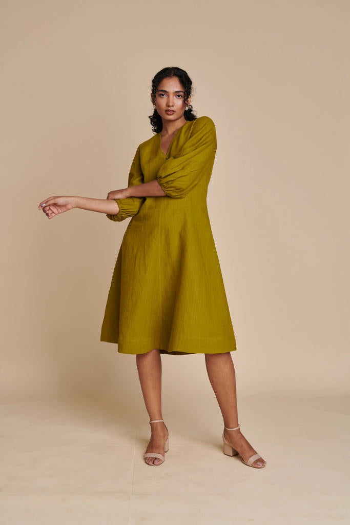 Mehendi Linen Billow Dress linen by Saphed in green color for women Worldwide