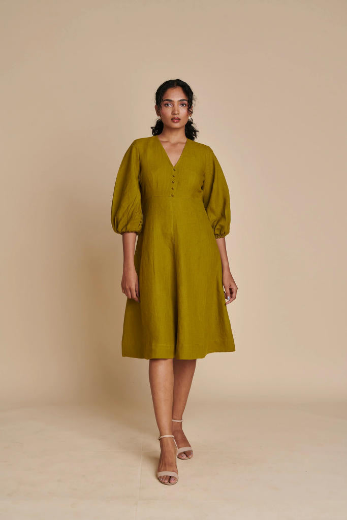 Mehendi Linen Billow Dress linen by Saphed in green color for women Worldwide