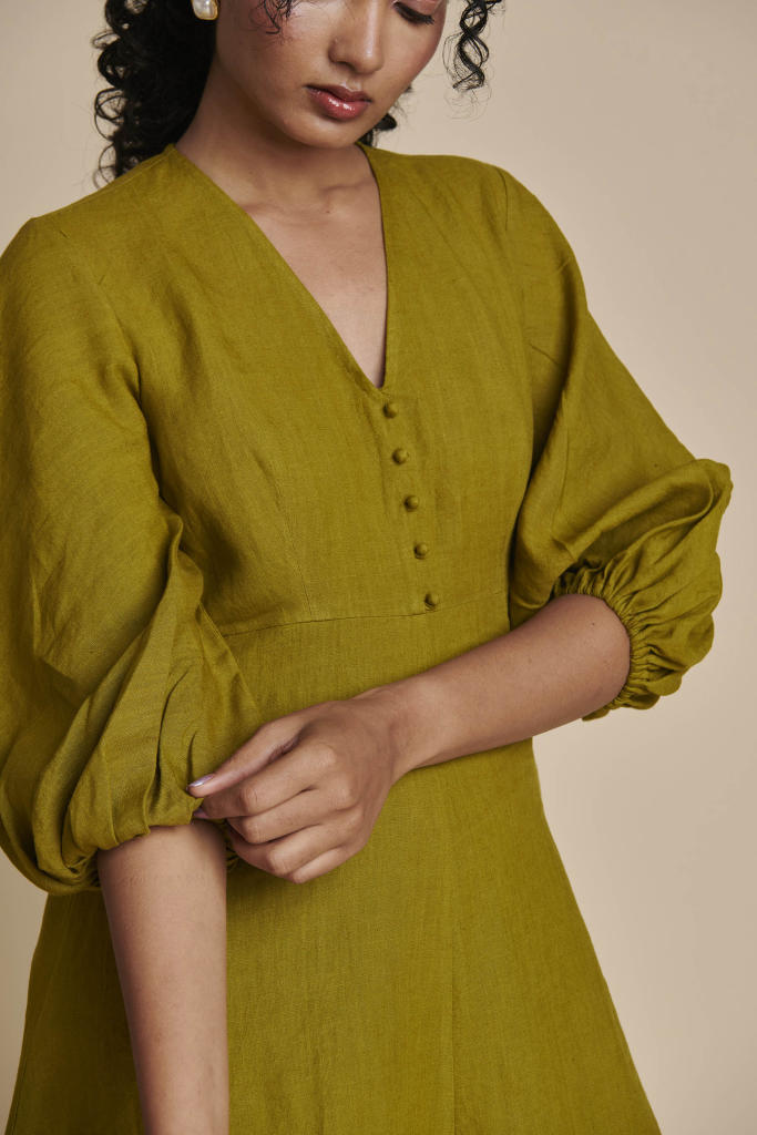 Mehendi Linen Billow Dress linen by Saphed in green color for women Worldwide