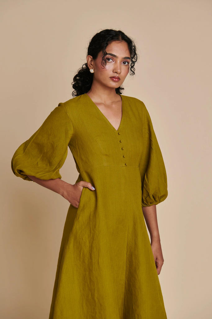 Mehendi Linen Billow Dress linen by Saphed in green color for women Worldwide