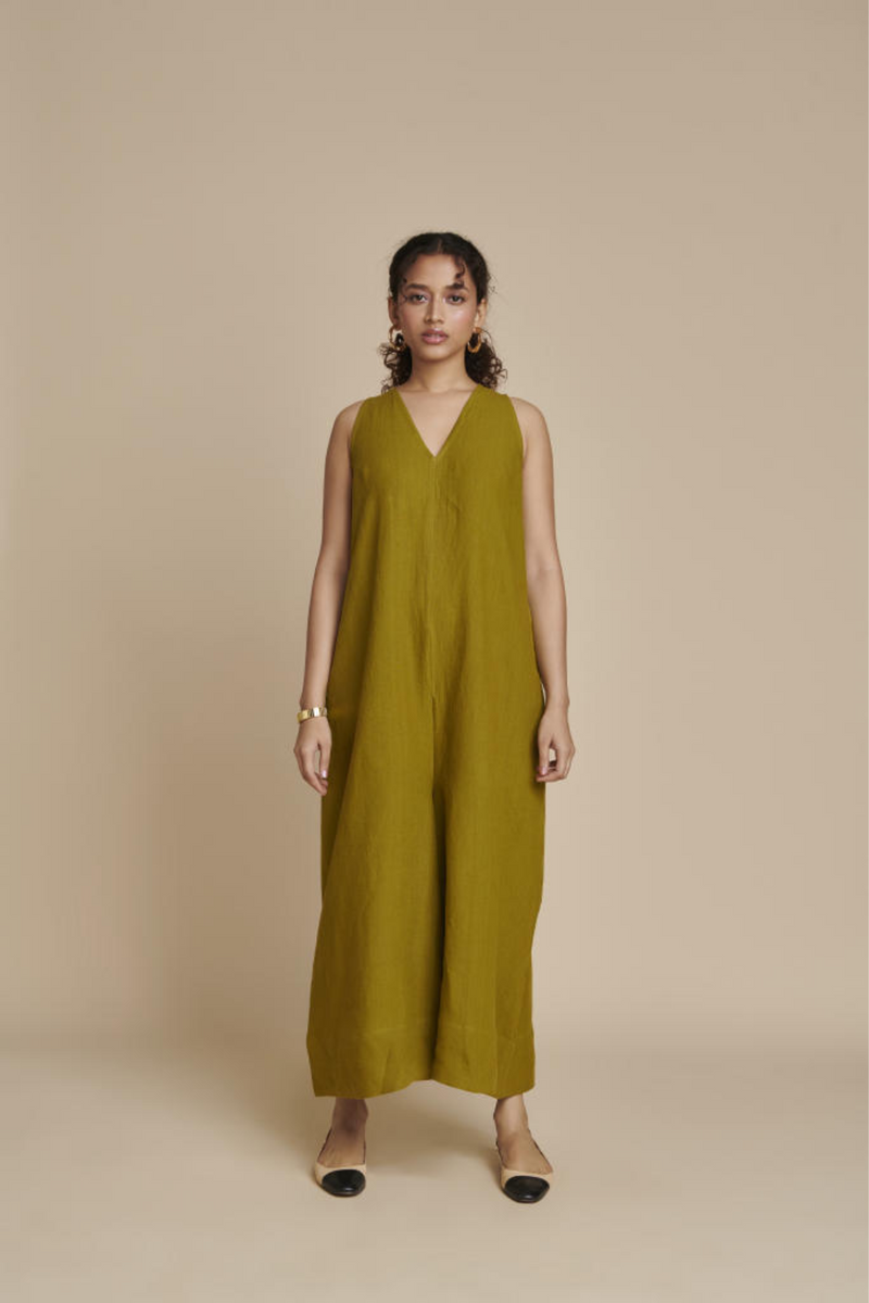 Mehendi Linen Flared Jumpsuit linen by Saphed in green color for women Worldwide