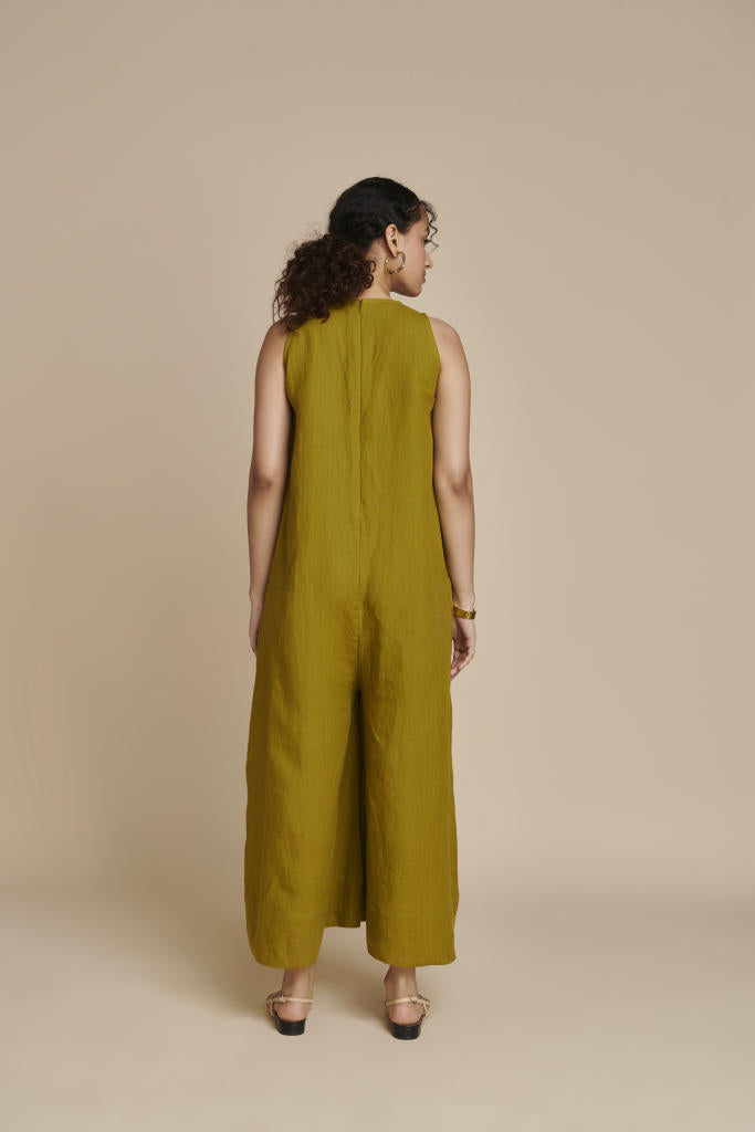 Mehendi Linen Flared Jumpsuit linen by Saphed in green color for women Worldwide
