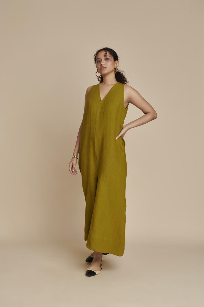 Mehendi Linen Flared Jumpsuit linen by Saphed in green color for women Worldwide