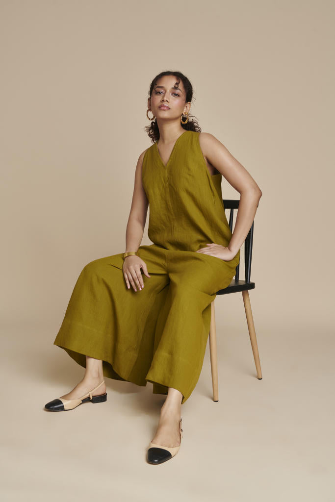 Mehendi Linen Flared Jumpsuit linen by Saphed in green color for women Worldwide