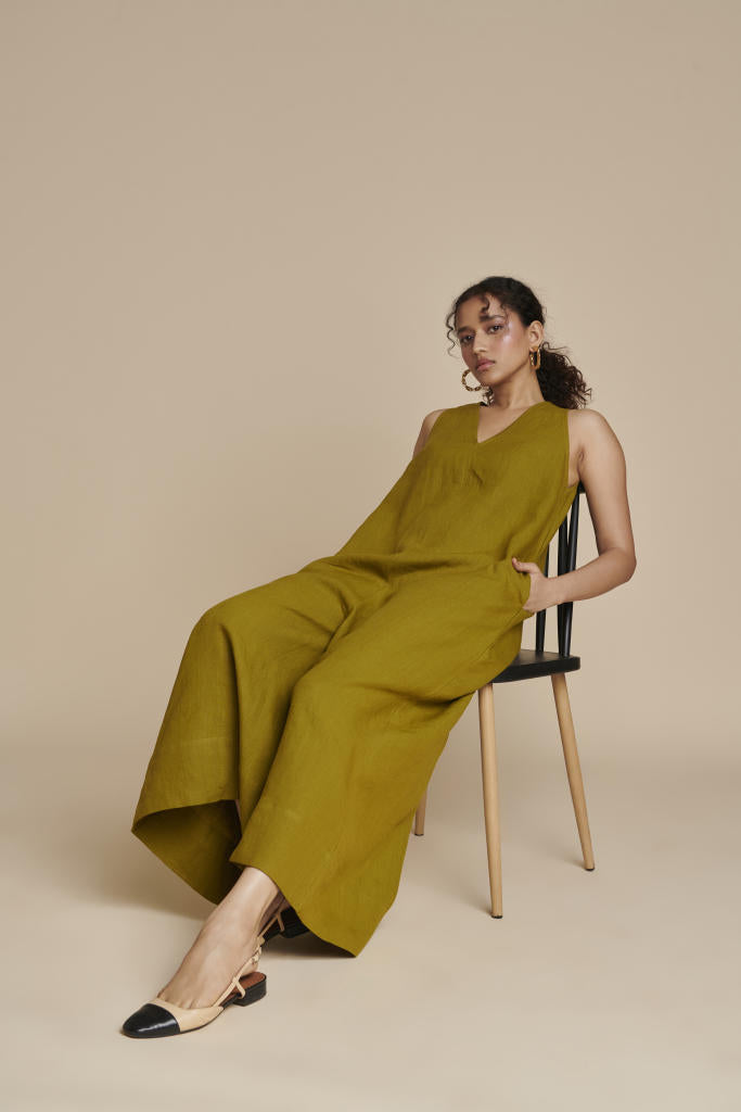 Mehendi Linen Flared Jumpsuit linen by Saphed in green color for women Worldwide