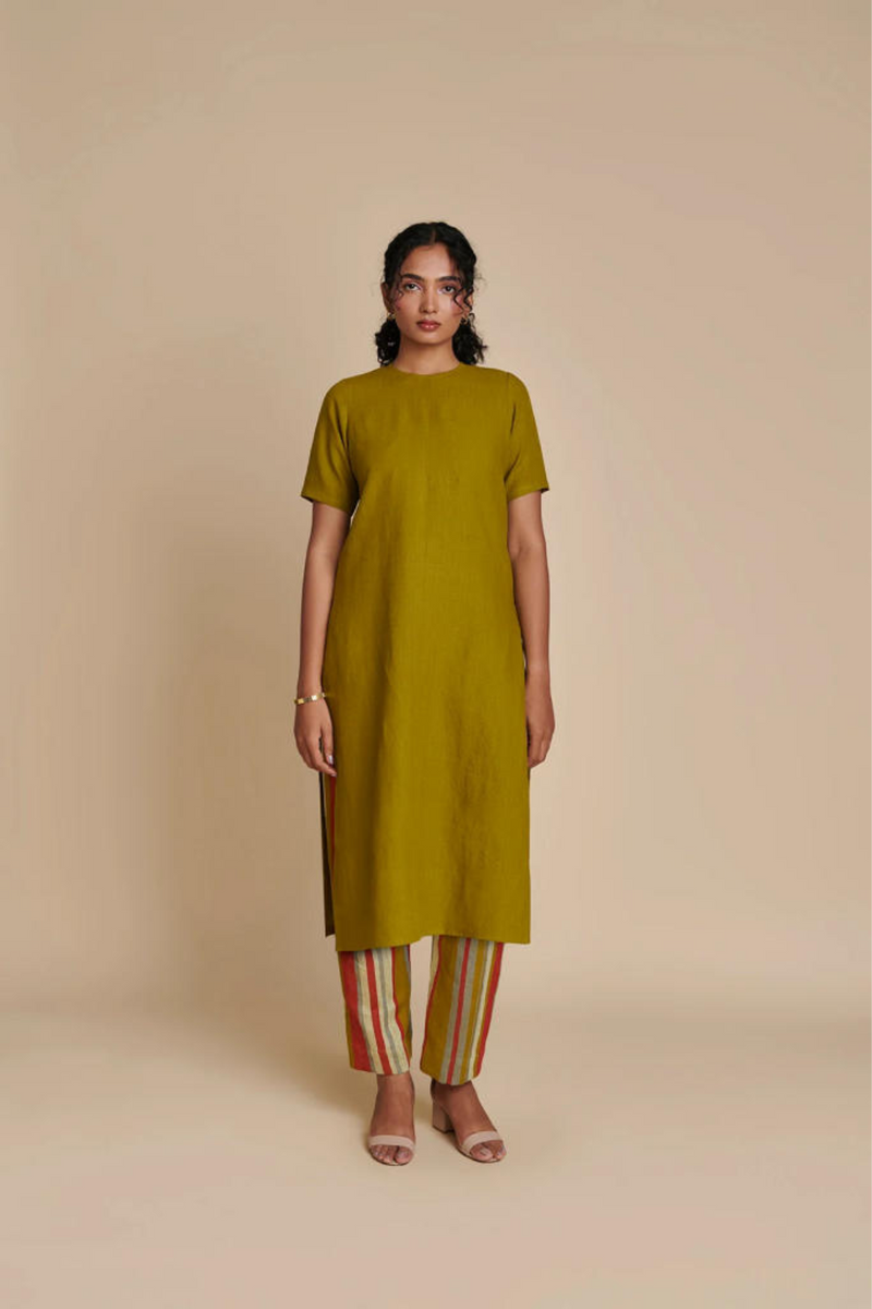 Mehendi Linen Half Sleeves Kurta linen by Saphed in green color for women Worldwide