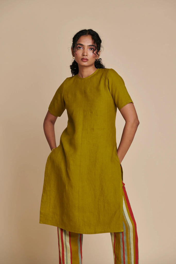 Mehendi Linen Half Sleeves Kurta linen by Saphed in green color for women Worldwide