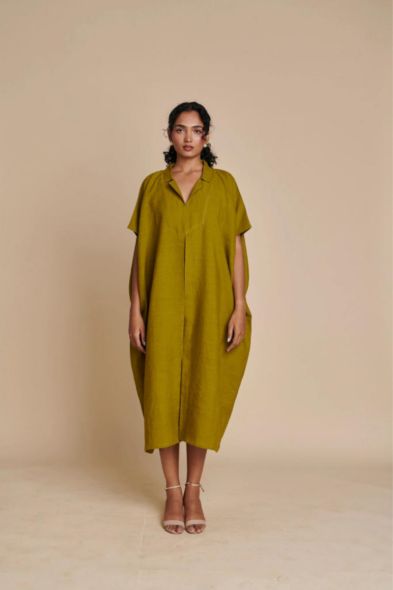Mehendi Linen Kaftan Dress linen by Saphed in green color for women Worldwide