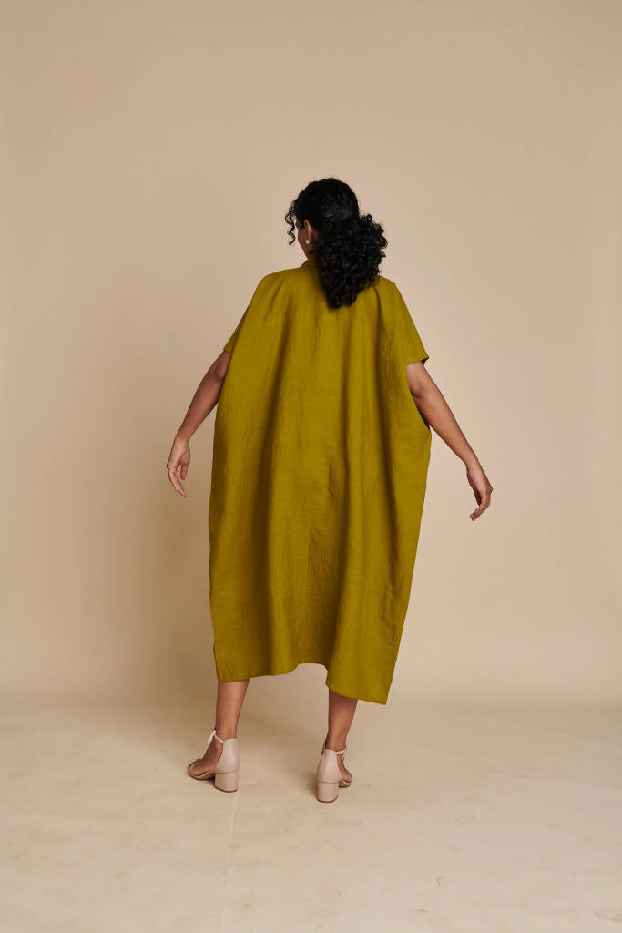 Mehendi Linen Kaftan Dress linen by Saphed in green color for women Worldwide
