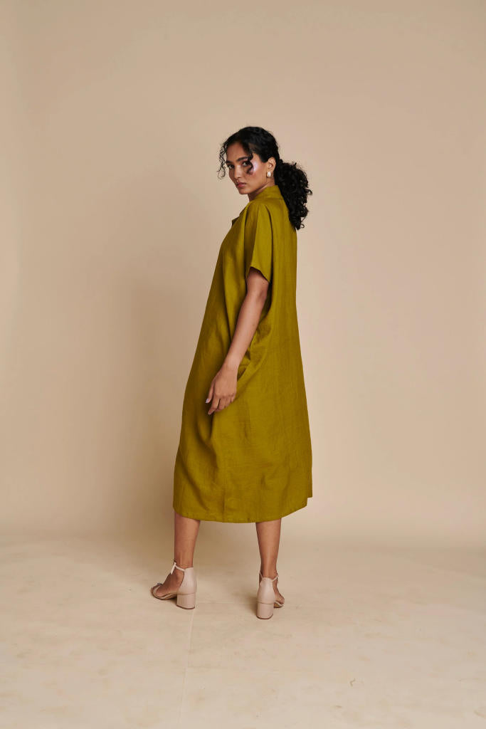 Mehendi Linen Kaftan Dress linen by Saphed in green color for women Worldwide