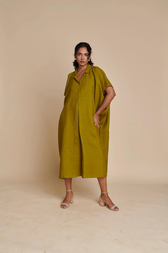 Mehendi Linen Kaftan Dress linen by Saphed in green color for women Worldwide