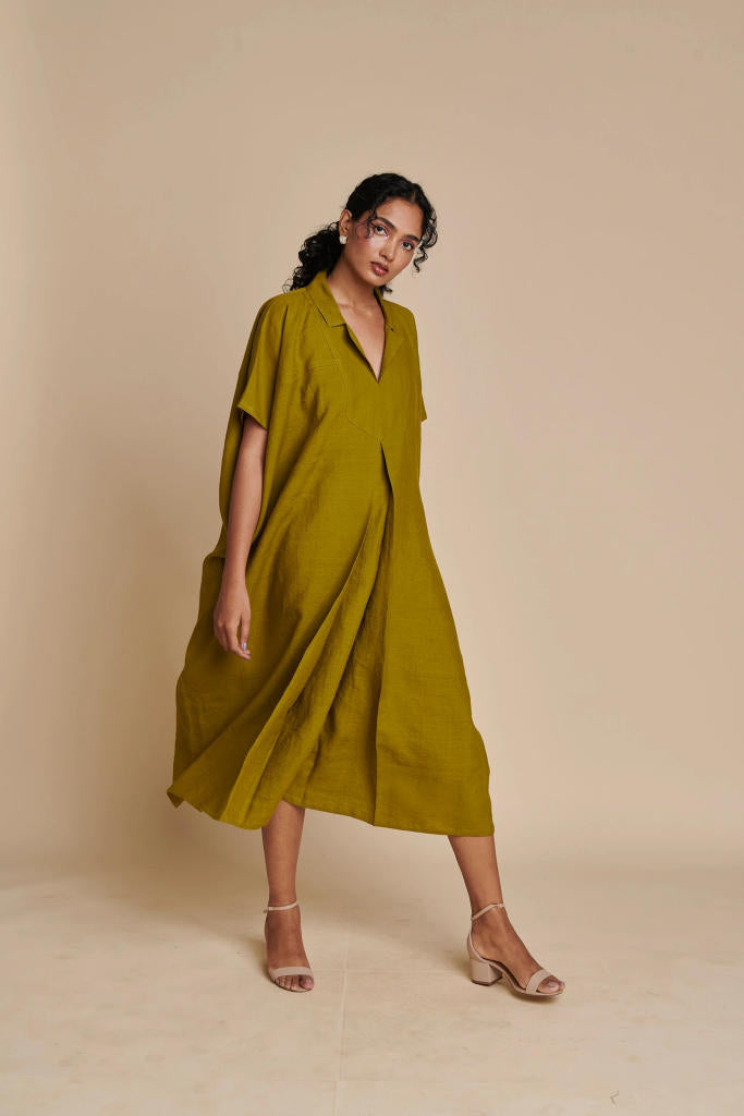 Mehendi Linen Kaftan Dress linen by Saphed in green color for women Worldwide