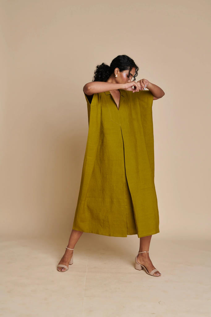 Mehendi Linen Kaftan Dress linen by Saphed in green color for women Worldwide