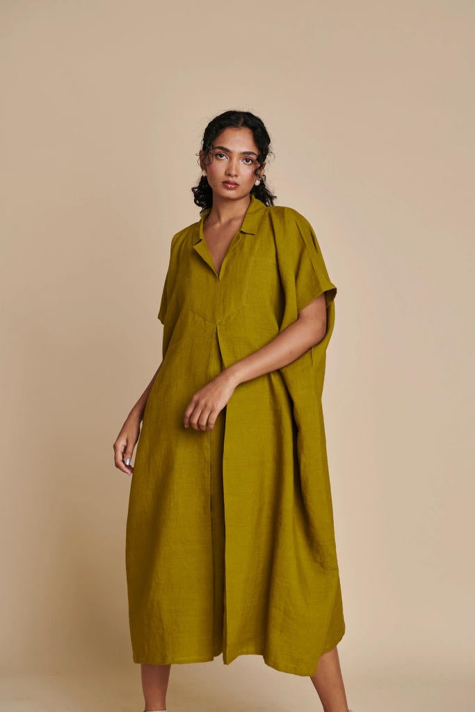 Mehendi Linen Kaftan Dress linen by Saphed in green color for women Worldwide