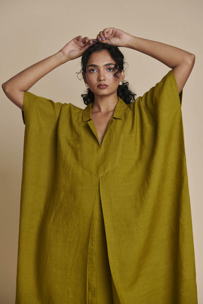 Mehendi Linen Kaftan Dress linen by Saphed in green color for women Worldwide