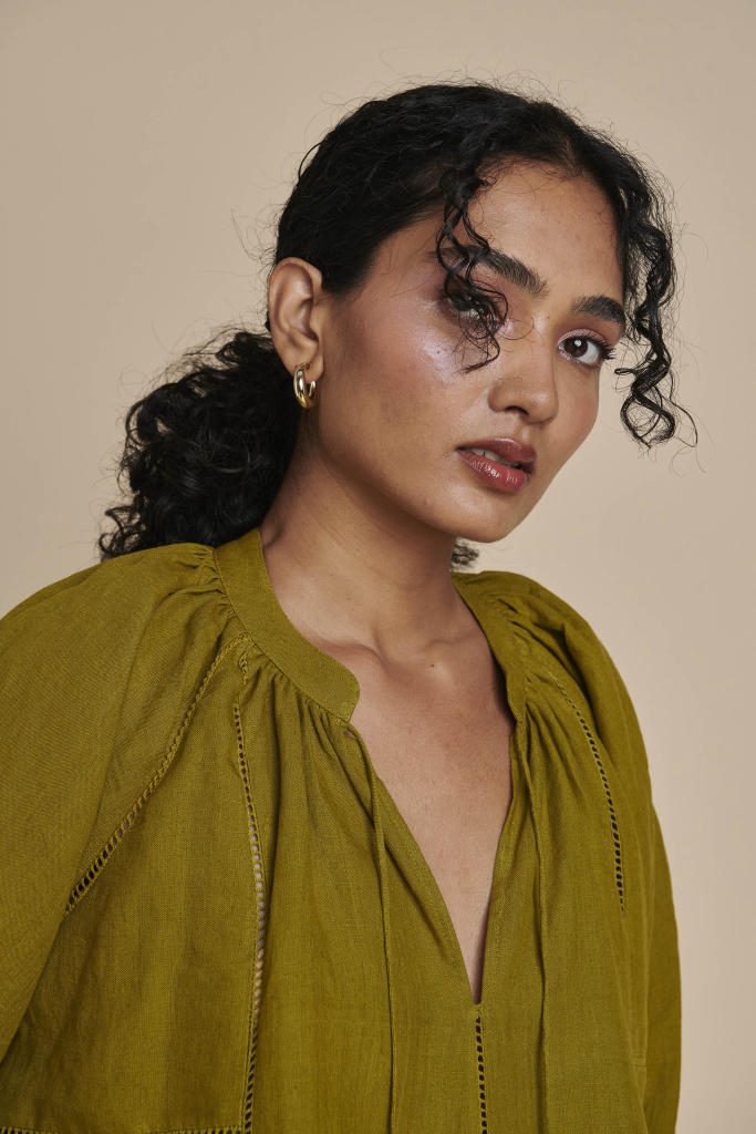 Mehendi Linen Lace Panelled Dress linen by Saphed in green color for women Worldwide