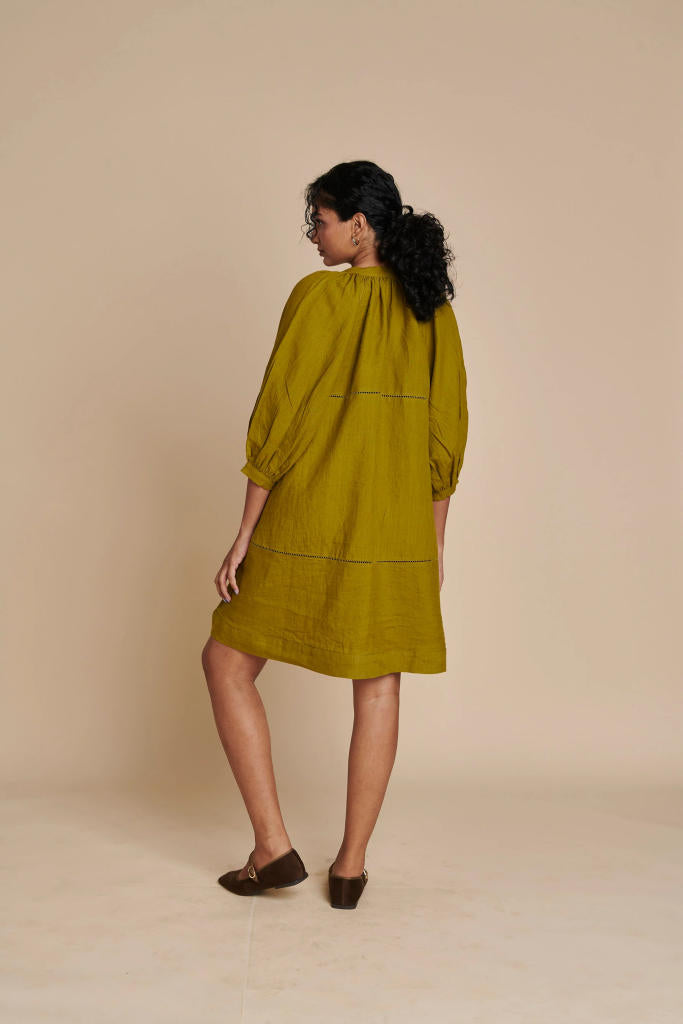 Mehendi Linen Lace Panelled Dress linen by Saphed in green color for women Worldwide