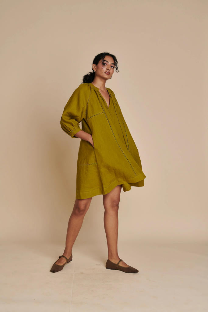 Mehendi Linen Lace Panelled Dress linen by Saphed in green color for women Worldwide