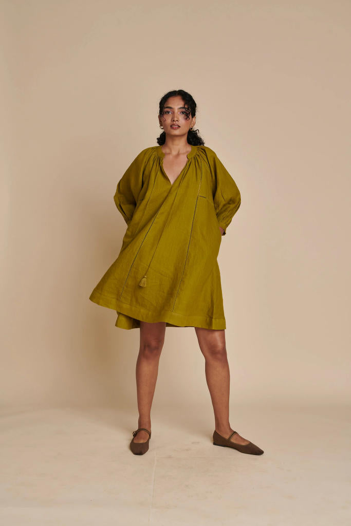 Mehendi Linen Lace Panelled Dress linen by Saphed in green color for women Worldwide