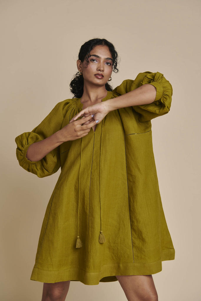 Mehendi Linen Lace Panelled Dress linen by Saphed in green color for women Worldwide