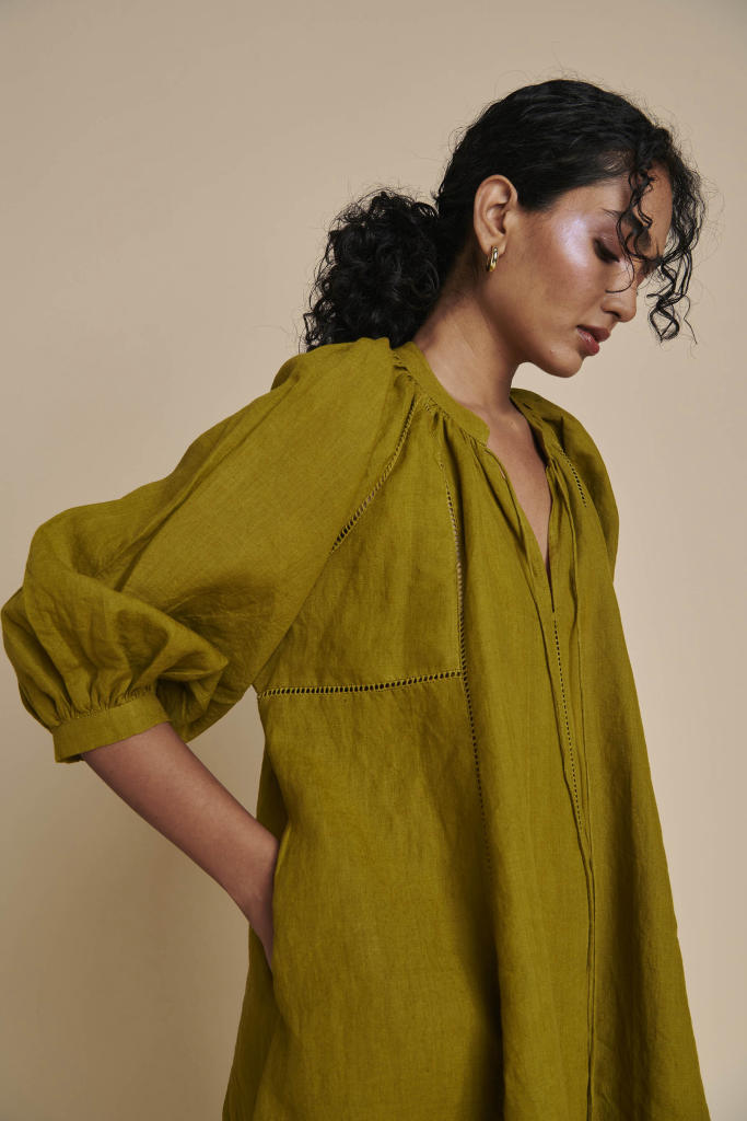 Mehendi Linen Lace Panelled Dress linen by Saphed in green color for women Worldwide
