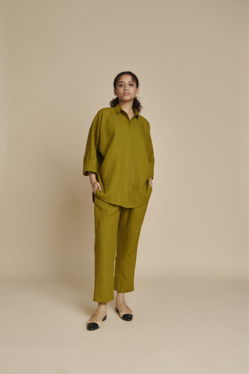 Mehendi Linen Oversized Flared Shirt linen by Saphed in green color for women Worldwide