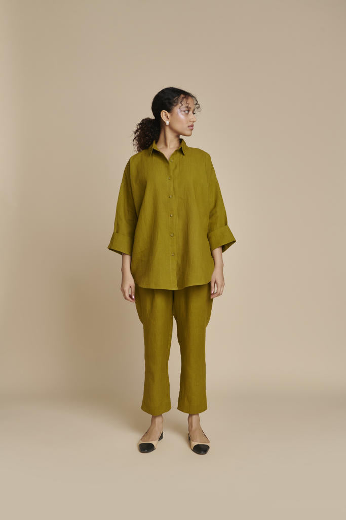Mehendi Linen Oversized Flared Shirt linen by Saphed in green color for women Worldwide