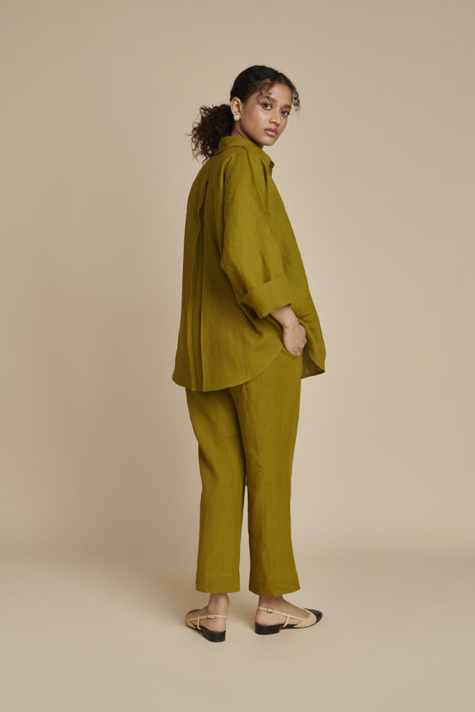 Mehendi Linen Oversized Flared Shirt linen by Saphed in green color for women Worldwide