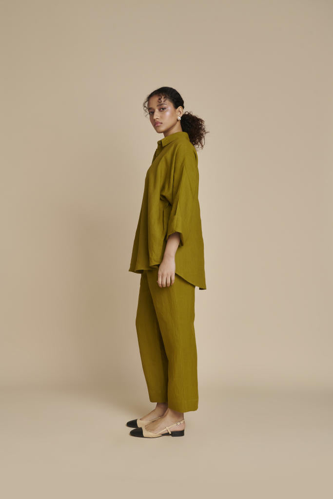 Mehendi Linen Oversized Flared Shirt linen by Saphed in green color for women Worldwide